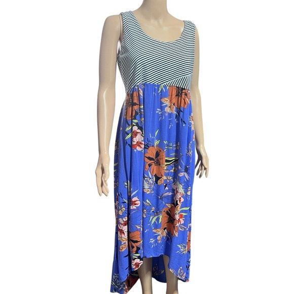 Anthropologie Lilka High Low Dress Blue Stripe Floral Print, Size‎ Large - Picture 1 of 11